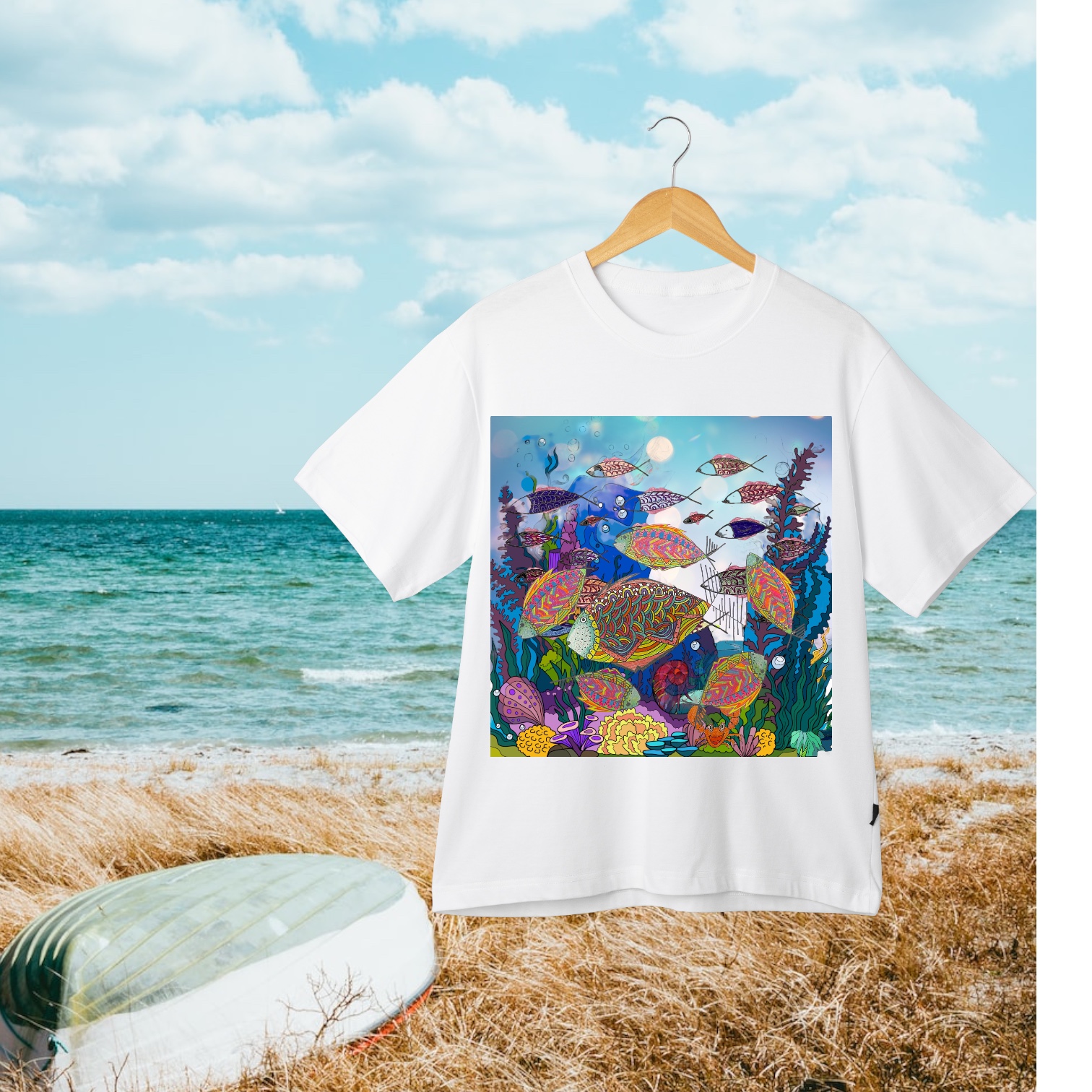 white T-Shirt with deep sea fishing summer range multi colours no 5